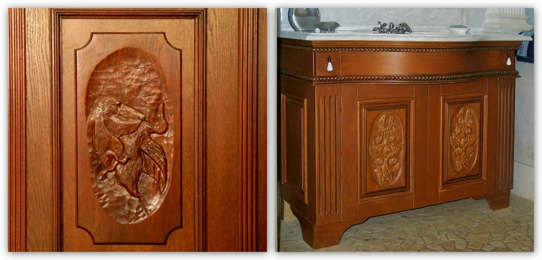 Exclusive wooden furniture made to measure bathroom, kitchen, living-room wooden furniture producer - carved oak fitted bathroom cabinet